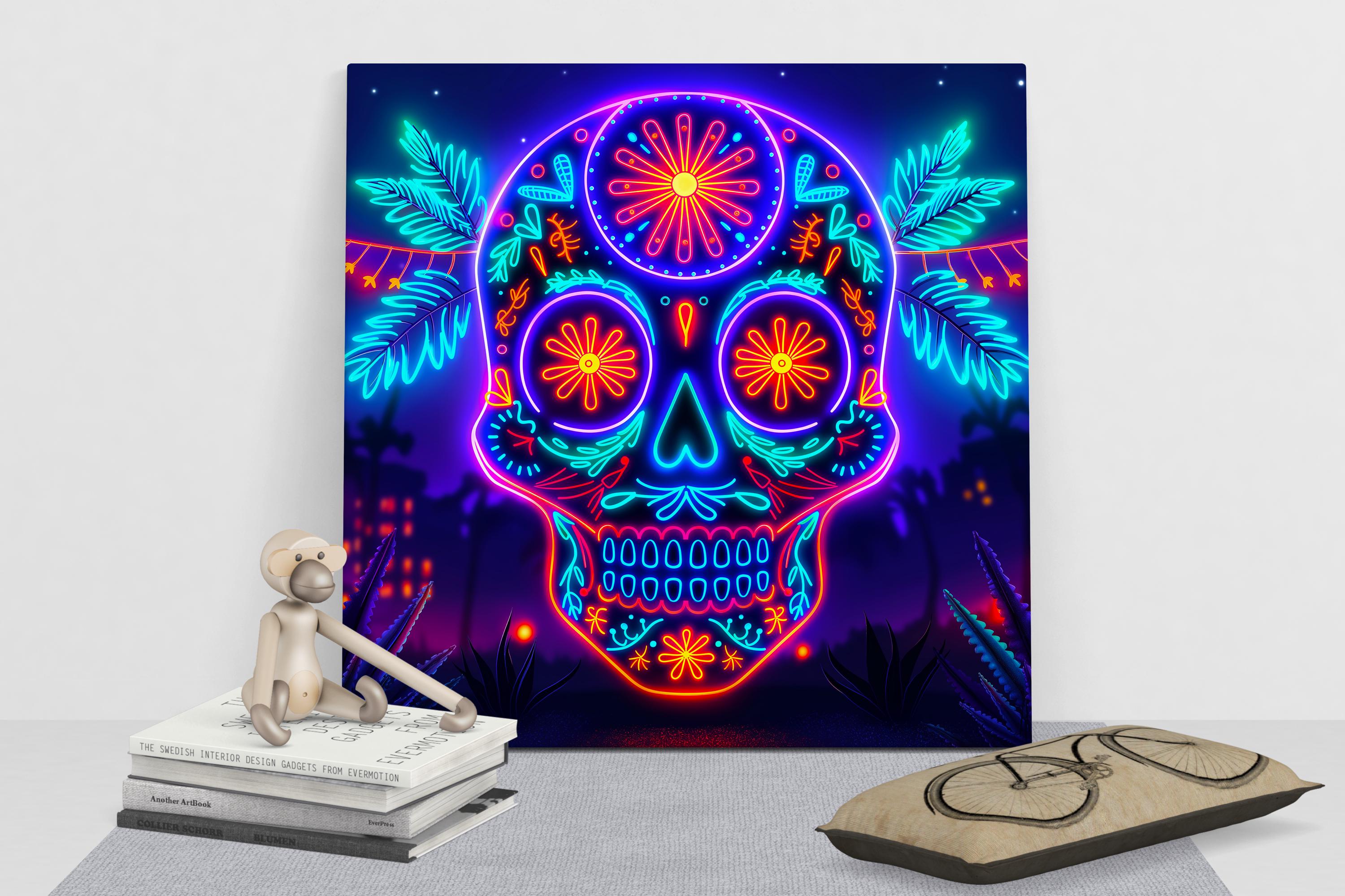Neon Sugar Skull, Vibrant Day of the Dead Wall Art, Unique and