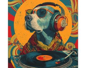 DJ Dog Canvas Wall Art | Cool Retro Dog With Headphones Print