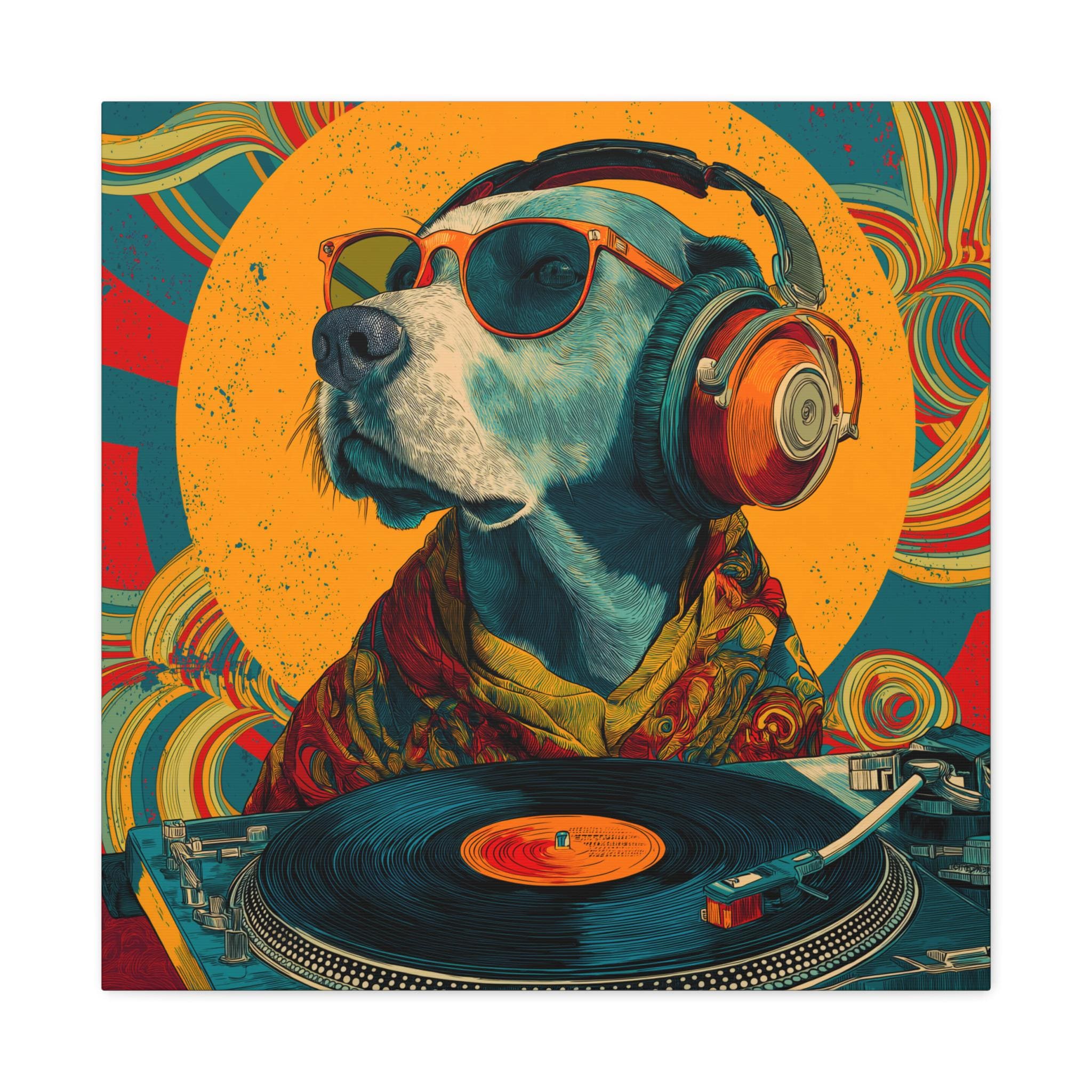 DJ Dog Canvas Wall Art | Cool Retro Dog With Headphones DJ Dog Canvas Wall Art | Cool Retro Dog With Headphones