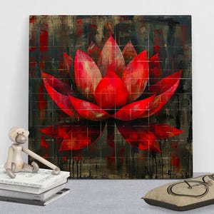 Red Lotus Canvas Art, Modern Red Flower Wall Decor, Zen Wall Art, Modern Lotus Flower Print, Office Wall Decoration