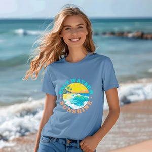 T-shirt plage ambiance rétro, t-shirt eau de mer et soleil, cadeau pour amoureux de la plage, hauts d'été, vêtements de vacances, ambiance surf vintage, couleurs confortables