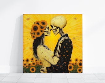 Tela de esqueleto de amor de girassol, decoração de romance gótico, arte de tela de esqueleto romântico, decoração de parede de casal de esqueleto, decoração de casa de Halloween