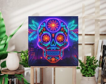 Neon Sugar Skull, Vibrant Day of the Dead Wall Art, Unique and