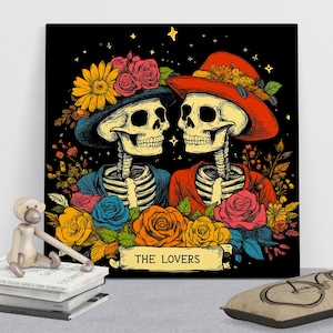 Skeleton Canvas Art, The Lovers, Romantic Gothic Floral Wall Decor, Macabre Home Decor, Spooky Skeleton Art