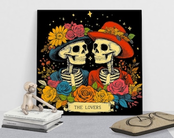 Skeleton Canvas Art, The Lovers, Romantic Gothic Floral Wall Decor, Macabre Home Decor, Spooky Skeleton Art