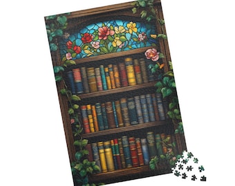 Cozy Library Puzzle, Vintage Bookshelf Jigsaw with Stained Glass | Book Lover Gift | 110-1014 Pieces | Glossy Finish