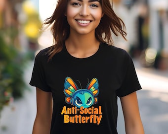 Camiseta de mariposa antisocial, divertida camiseta introvertida, camiseta retro gamer con mariposa, divertida camiseta de mariposa, camiseta de humor tranquilo