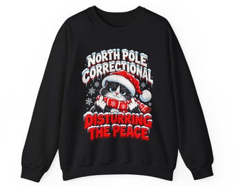Cat Christmas Sweatshirt, Grumpy Cat Christmas Sweater, Funny Cat Holiday Crewneck, North Pole Correctional