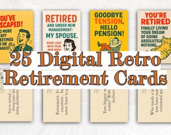 25 tarjetas digitales retro de jubilación, tarjetas divertidas imprimibles para jubilados, descargas digitales PDF PNG JPG, tarjeta de despedida de oficina, regalo de jubilación