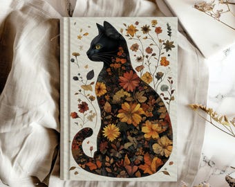 Schwarze Katze Floral Journal, linierte Seite Hardcover zum Schreiben, Tagebuch der schwarzen Katze, künstlerisches Katzenjournal, Blumennotizbuch