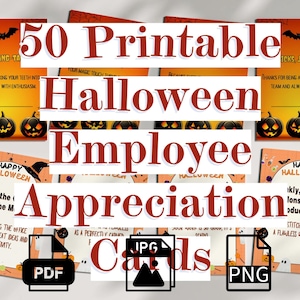 50 cartes d'appréciation des employés d'Halloween imprimables 5 x 7, PDF JPG PNG, téléchargements numériques de reconnaissance du personnel, motivation au bureau
