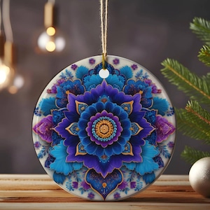 Mandala Ceramic Ornament, Boho Floral Holiday Decoration, Vibrant Ornaments, Bohemian Decor, Holiday Decorations,