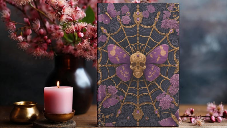 Hardcover journal featuring an ornate gothic design of a golden skull with purple butterfly wings at the center of a golden spiderweb. Surrounded by rich purple flowers, butterflies, and intricate details, all set against a dark, swirling background.