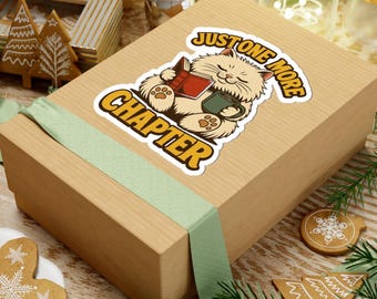 Just One More Chapter Sticker, Cozy Reading Cat Vinyl Decal, Book Lover Coffee Sticker, Cute Bookish Aesthetic