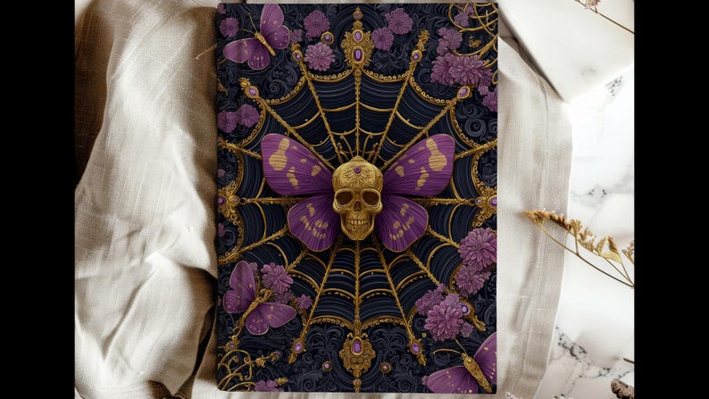 Hardcover journal featuring an ornate gothic design of a golden skull with purple butterfly wings at the center of a golden spiderweb. Surrounded by rich purple flowers, butterflies, and intricate details, all set against a dark, swirling background.