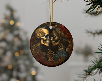 Skull Lovers Ceramic Ornament, Gothic Holiday Decor, Skull Christmas decor, Skull lovers holiday decor, Gothic ceramic tree ornament