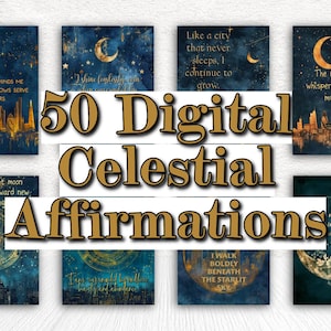 Könnte beinhalten: Eine Sammlung von 50 digitalen himmlischen Affirmationen. Jede Karte zeigt ein Nachthimmel-Design mit Monden, Sternen und inspirierenden Zitaten. Verfügbar in den Formaten PDF, JPG und PNG.