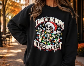 Skeleton Christmas Sweatshirt, Santa Skeleton Graphic Crewneck, Funny Holiday Sweater, Gildan 18000