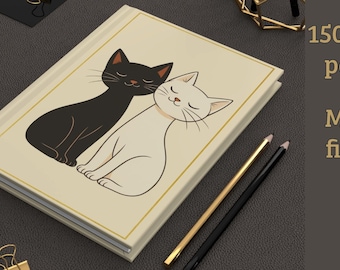 Niedliches Katzen-Tagebuch, Schwarz-Weiß-Katzen Notizbuch, Hardcover gefüttertes Tagebuch, Ästhetischer Katzen-Liebhaber Geschenk, 150-seitiges Schreibtagebuch