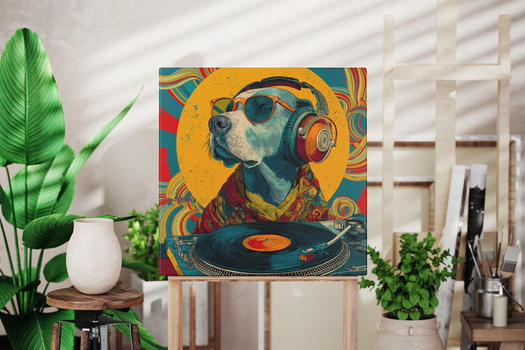 DJ Dog Canvas Wall Art | Cool Retro Dog With Headphones Print