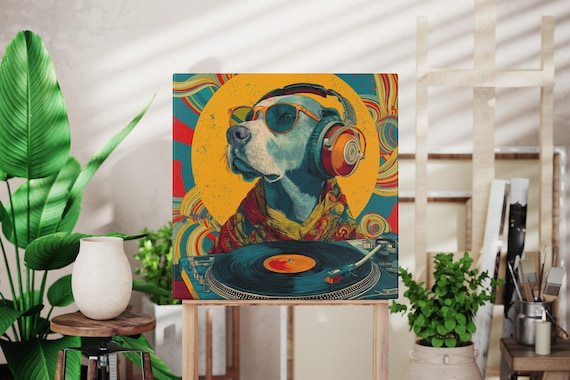 DJ Dog Canvas Wall Art | Cool Retro Dog With Headphones Print