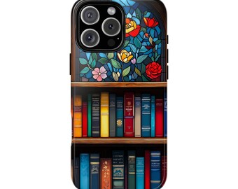 Stained Glass Floral Bookshelf Phone Case, Flower Design, Bibliophile Gift, Reading Accessory, Literary Phone Cover