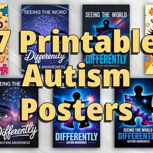 Puede incluir: Siete carteles imprimibles con el texto "Seeing the World Differently Autism Awareness". Los carteles presentan piezas de rompecabezas e ilustraciones coloridas. La imagen también incluye los tipos de archivo PDF, JPG y PNG.