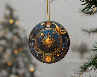 Golden Celestial Sun Ceramic Ornament, Mystical Sun and Moon Holiday Decoration, Mystical Solar Ornament, Lunar and Solar Holiday Decor