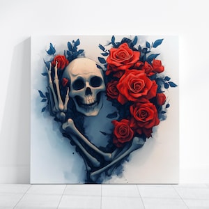 Gothic Skull and Roses Canvas Wall Art, Dark Aesthetic Home Decor,