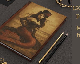 Gothic Mermaid Journal, Vintage Steampunk Mermaid Notebook, Hardback Lined Writing Journal, Dark Fantasy Art Gift