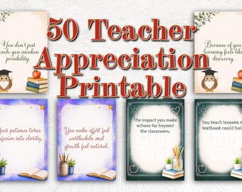 50 Teacher Appreciation Printable Cards, Thank You Quotes for Educators, PDF JPG PNG, 3 Minimalist School-Themed Designs, Instant Download
