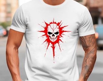 Red Skull T-Shirt, Bold Graphic Tee, Edgy Style Street Wear, Edgy Skull Apparel, Skeleton Shirt for Him, Skull Art Tshirt