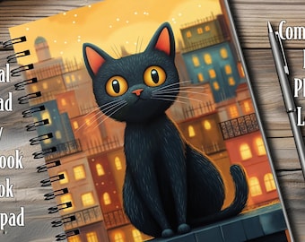 Carnet de notes chat noir, cadeau pour les amoureux des chats, joli journal à spirales, oeuvre d'art chat noir, papeterie pour la rentrée, journal intime à spirales félin