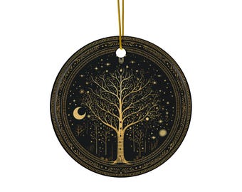 Golden Tree of Life Ceramic Ornament, Celestial Holiday Decoration, Spiritual Tree Ornament, Mystical Tree Decor, Celestial Christmas Decor