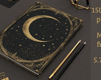 Élégant journal céleste à couverture rigide, 150 pages lignées, carnet de notes lune étoiles, journal vintage de rêve