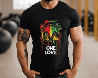 One Love Reggae Vibes Headphones T-Shirt, Rasta Headphones Shirt, Reggae-Inspired Unisex Graphic Tee