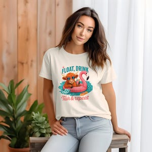 Summer Vibes T-Shirt, Float, Drink, Tan & Repeat, Funny Summer Cow Flamingo Pool Tee, Beach Wear, Poolside Party, Gift for Him/Her