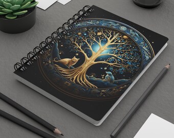 Celestial Serenity Enchanted Tree with Wildlife Under Starry Sky Spiral Bound Journal