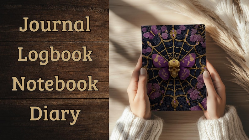 Hardcover journal featuring an ornate gothic design of a golden skull with purple butterfly wings at the center of a golden spiderweb. Surrounded by rich purple flowers, butterflies, and intricate details, all set against a dark, swirling background.