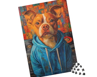 Hipster Dog Puzzle, DJ Boston Terrier in Hoodie Jigsaw | Funny Dog Lover Gift | 110-1014 Pieces | Bright Colors | Glossy Finish