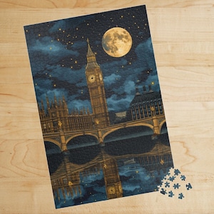 London Big Ben Night Puzzle, 1014 Piece Glossy Jigsaw, Starry Moonlit Cityscape, Puzzle Lover Decor