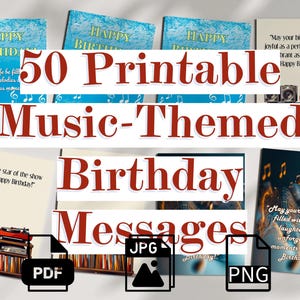 50 mensajes de cumpleaños con temática musical para imprimir en formato 5x7, PDF, JPG, PNG, descarga digital, tarjetas con mensajes de cumpleaños, deseos de cumpleaños digitales