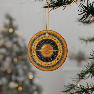 Zodiac Style Ceramic Ornament, Astrology Themed Christmas Tree Decoration, Round Holiday Ornament,