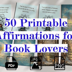 50 affermazioni stampabili 5x7 per gli amanti dei libri, PDF JPG PNG, download digitale istantaneo, regali per i topi di biblioteca, cura di sé per la salute mentale