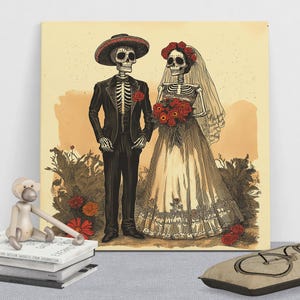 Skeleton Wedding Canvas Art, Bride & Groom Wall Décor, Day of the Dead Skeleton Couple Art, Halloween Wall Art, Dia de los Muertos Decor