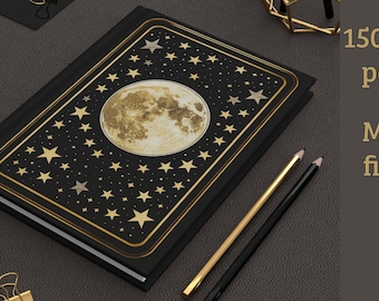 Diario della Luna Celeste, Quaderno Vintage con Fasi Lunari, Diario con Copertina Rigida e Righe, Diario della Notte Stellata, Regalo Cosmico da Strega