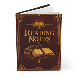 May include: A dark brown hardcover journal with gold foil detailing and the text Reading Notes on the front cover. The cover features an illustration of a stack of books and an open book with a red ribbon bookmark and a keyhole icon.