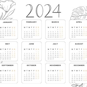 Può includere: Calendario 2024 con layout mensili. Ogni mese è visualizzato in un rettangolo bianco con un design minimalista. Illustrazioni floreali delineano il calendario, con l'anno visualizzato in un font semplice.