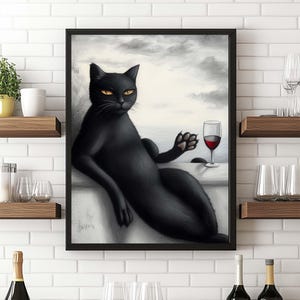 Black Cat is Drinking Wine, Funny Cat Wine Poster