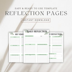 May include: Printable reflection pages with a green leafy design. The pages include sections for daily reflection, goals, and gratitude.